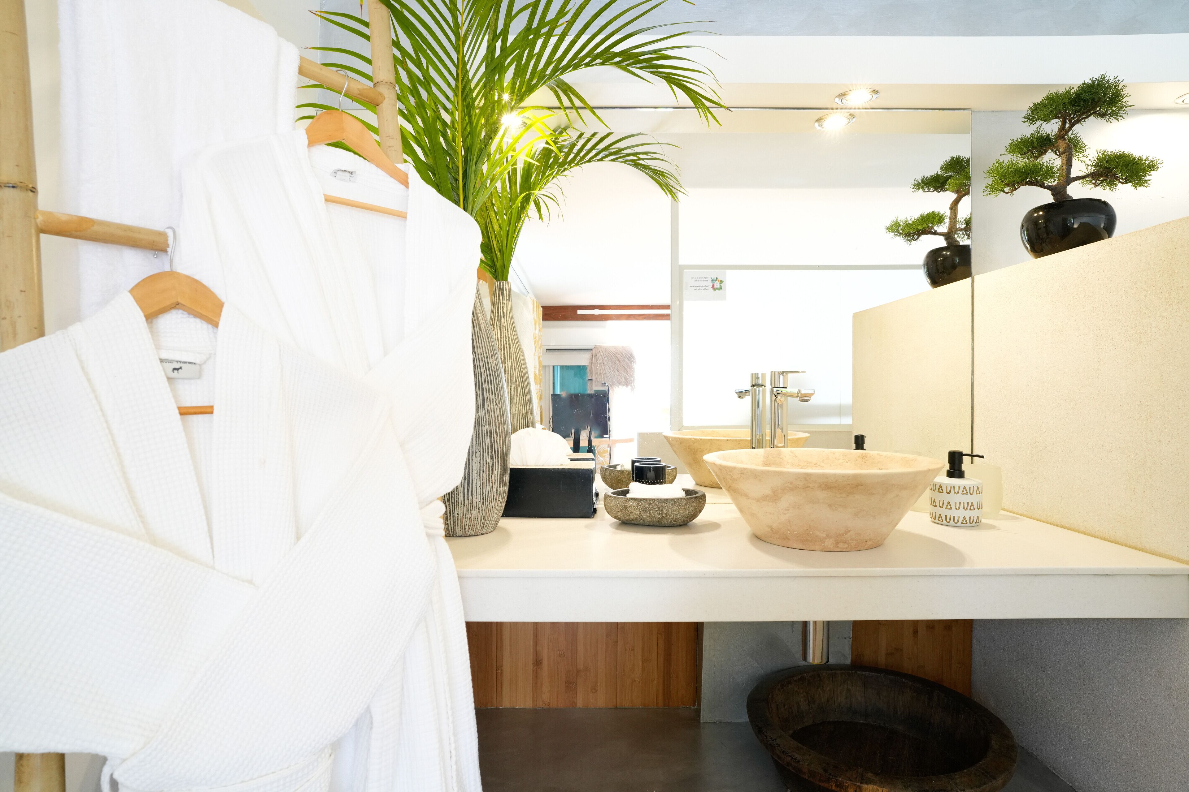 Un baño moderno con un lavamanos grande, un espejo, un felpudo de madera y una planta en maceta.