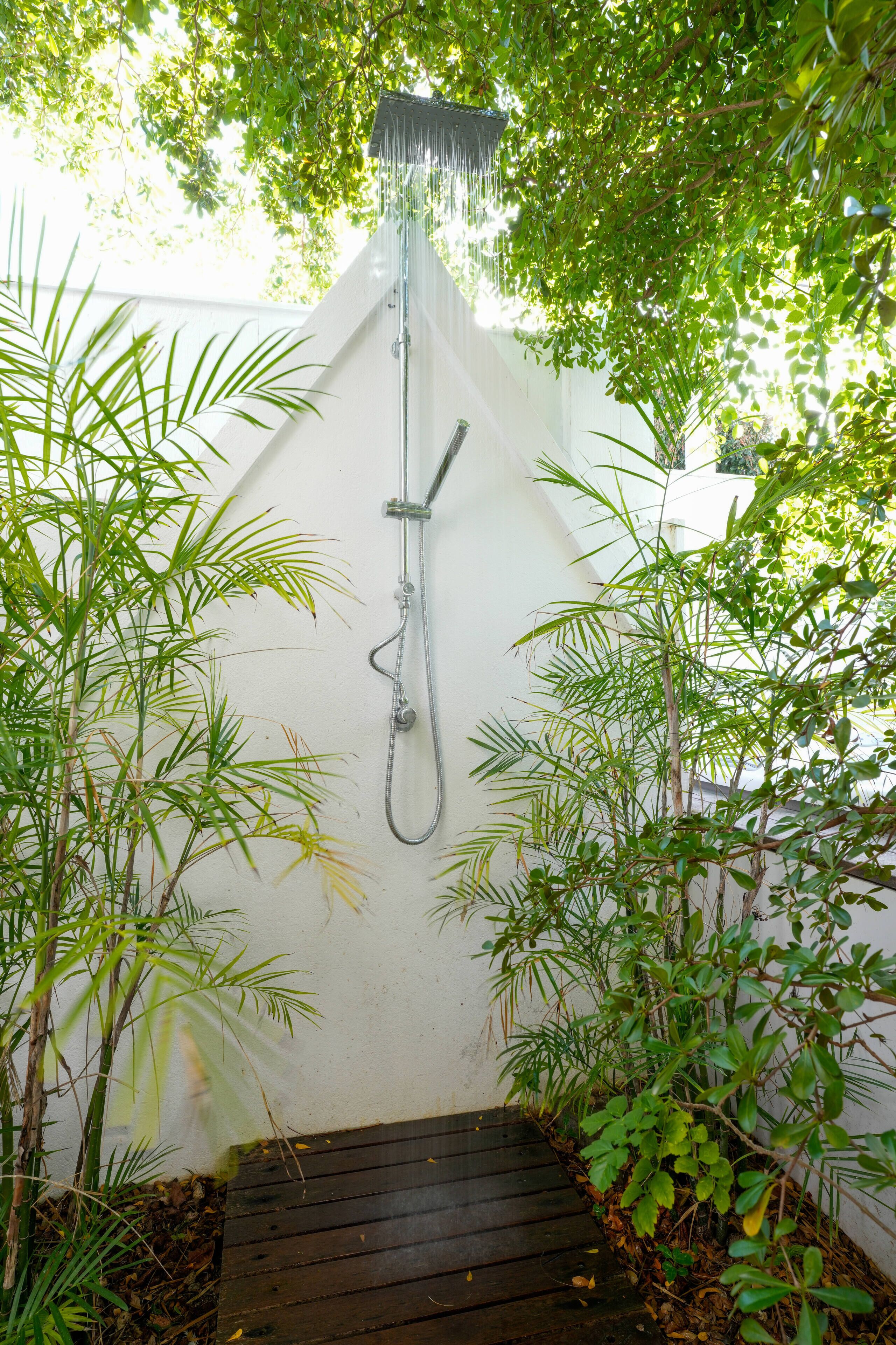Une douche avec une marche en bois menant à l’intérieur, entourée d’une végétation luxuriante.