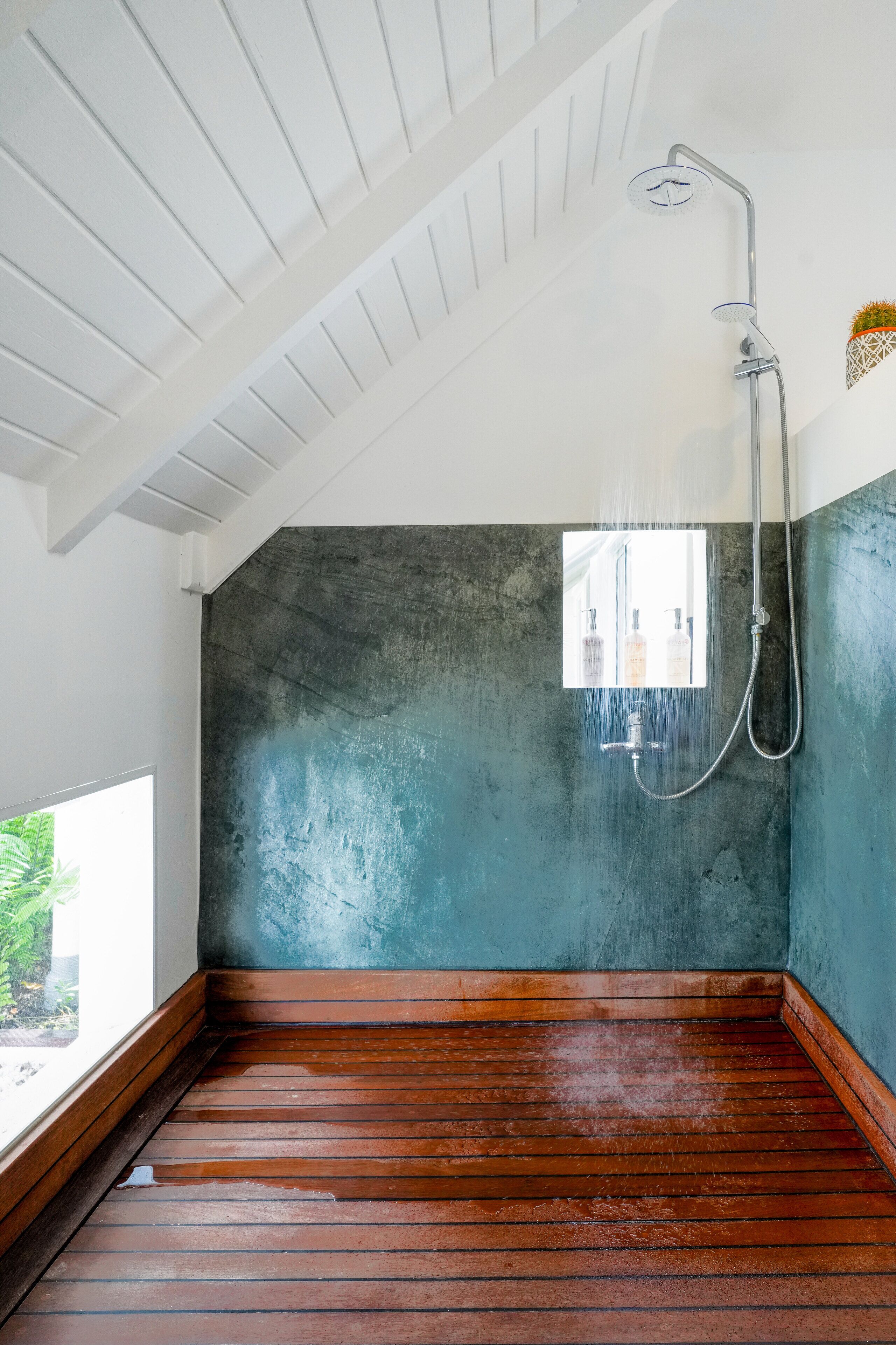 A shower with a handheld showerhead and a handheld hose, a window with a view of greenery, and a wooden floor.