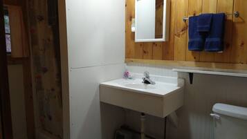 Une salle de bain avec un mur en bois, un lavabo blanc, un miroir et des toilettes.