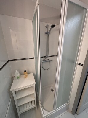 Bathroom features a glass-enclosed shower with handheld showerhead and wall-mounted faucet, alongside a white vanity with storage.
