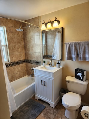 Secadora de cabello, toallas, shampoo, papel de baño