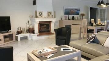 Télévision, cheminée, lecteur de DVD, table de tennis de table