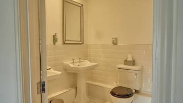 A bathroom with a sink, toilet, and mirror.
