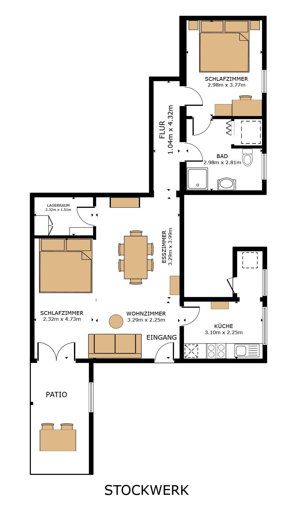 Plano de planta de una propiedad que incluye sala de estar, dos dormitorios, un baño, cocina y patio.