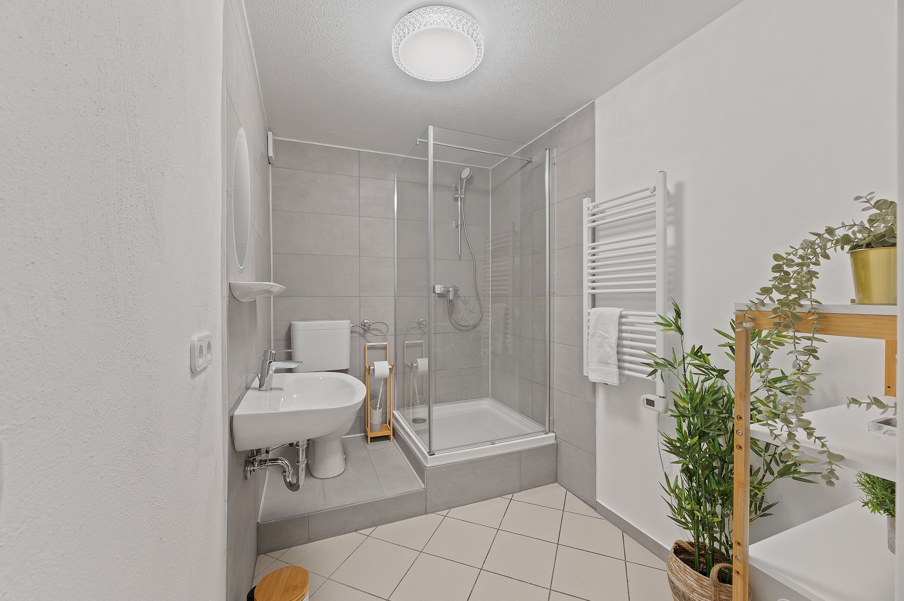 A modern bathroom with a glass-enclosed shower, a sink, and a toilet. There is a potted plant and a towel rack on the wall.