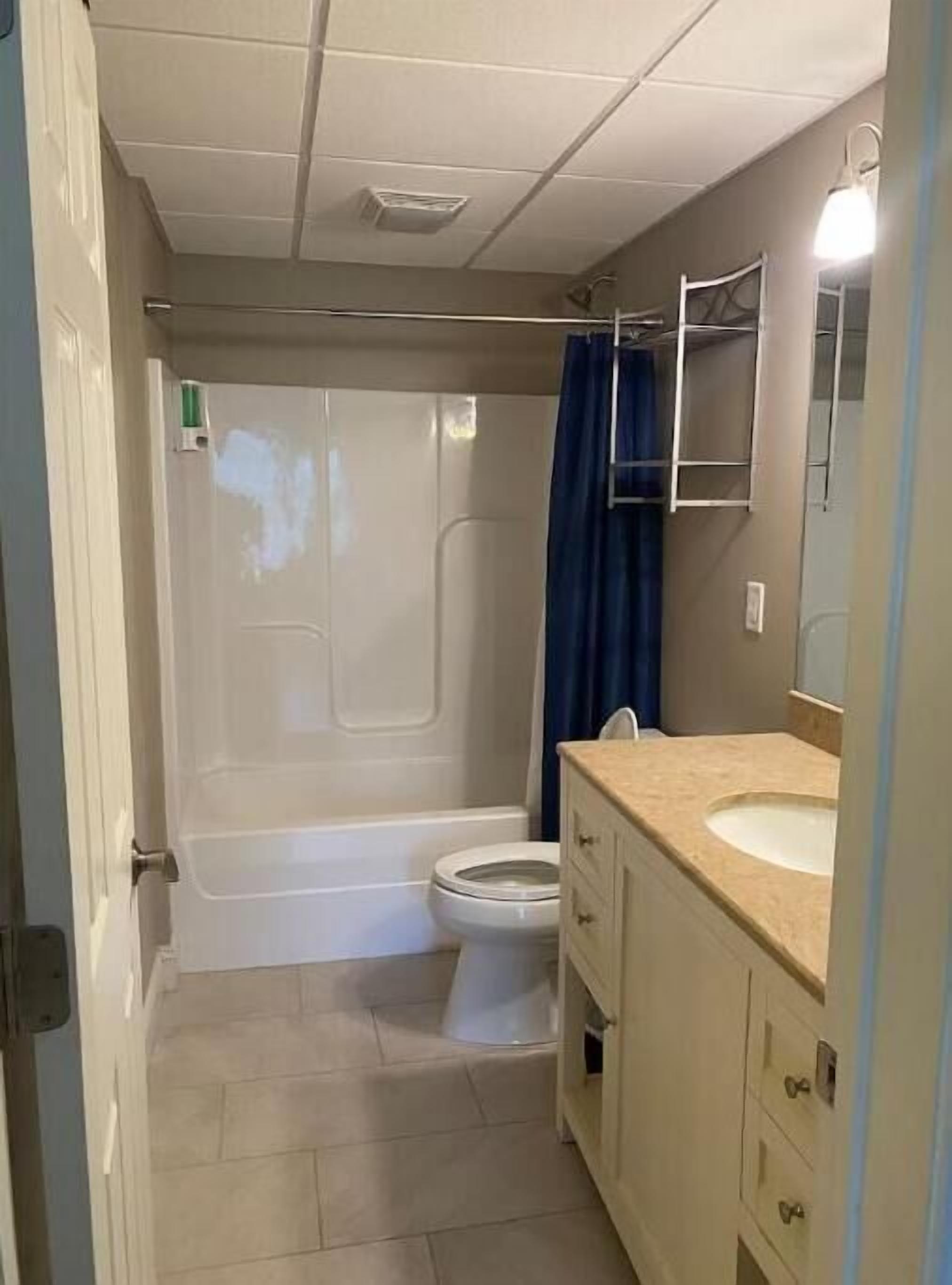 Hair dryer, towels, soap, shampoo