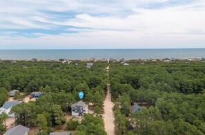 An aerial view of a coastal area with dense forest, a clear path leading to a beach, and scattered houses. - Pet-Friendly Oceanside Home on the Beautiful 4x4 Beaches (Carova)