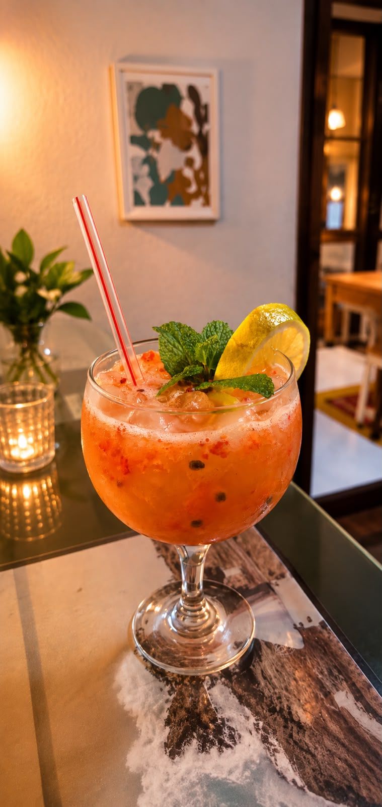 A cocktail in a glass with a straw, garnished with a mint leaf and a slice of lemon, on a table with a marble pattern.
