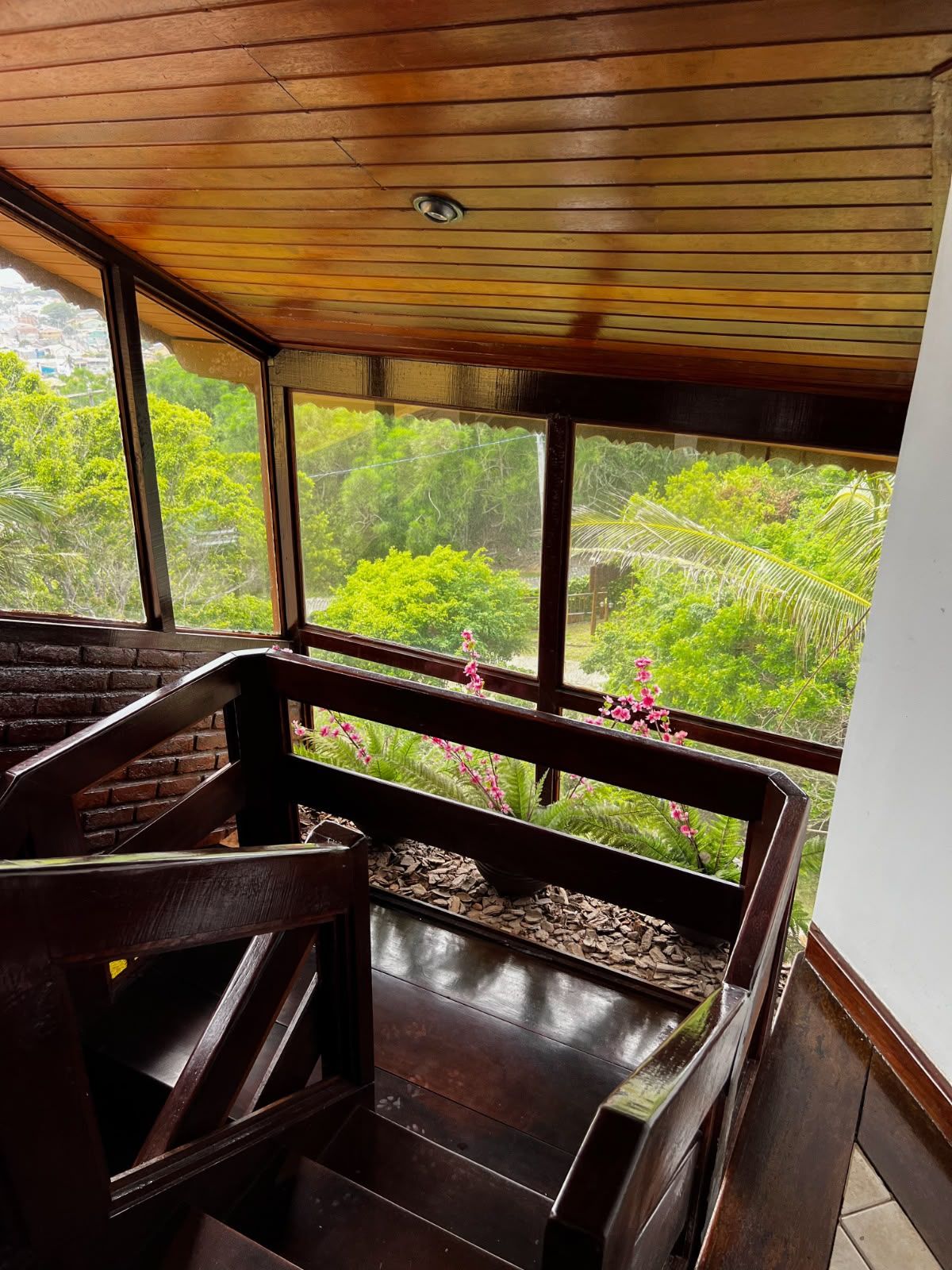 Una escalera de madera que lleva a un balcón con vista a un follaje exuberante.
