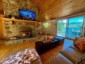 Smart TV, fireplace, video games, DVD player