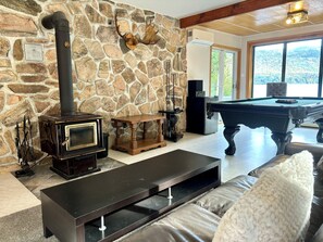 Smart TV, fireplace, video games, DVD player