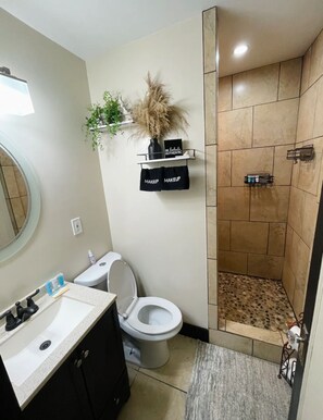 Hair dryer, towels, soap, shampoo