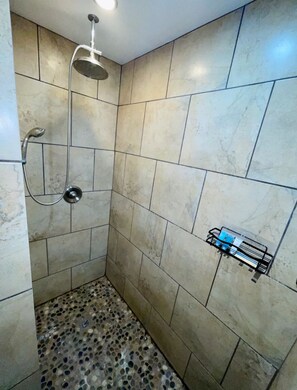 Hair dryer, towels, soap, shampoo