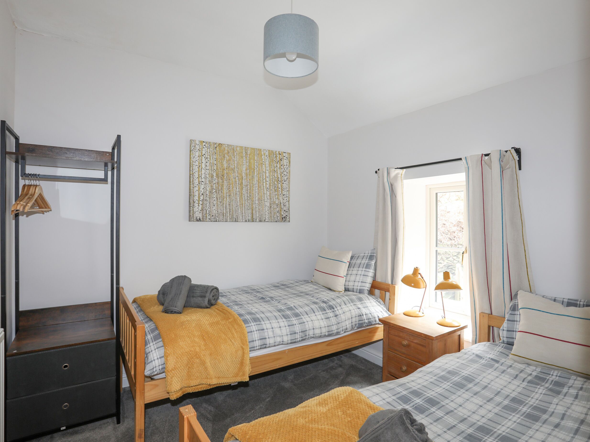A bedroom with two beds, a wooden dresser, a hanging rack, a window with curtains, and a ceiling light.