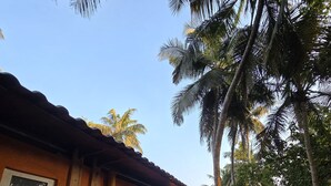 A building with a wooden exterior, a balcony with a white railing, and palm trees in the background. - OZIBA BEACH RESORT (Arambol)