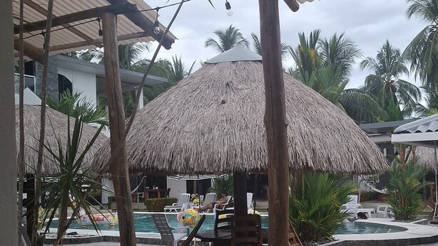 Un área de piscina con sombrillas de paja, sillas de descanso y vista a un edificio al fondo.
