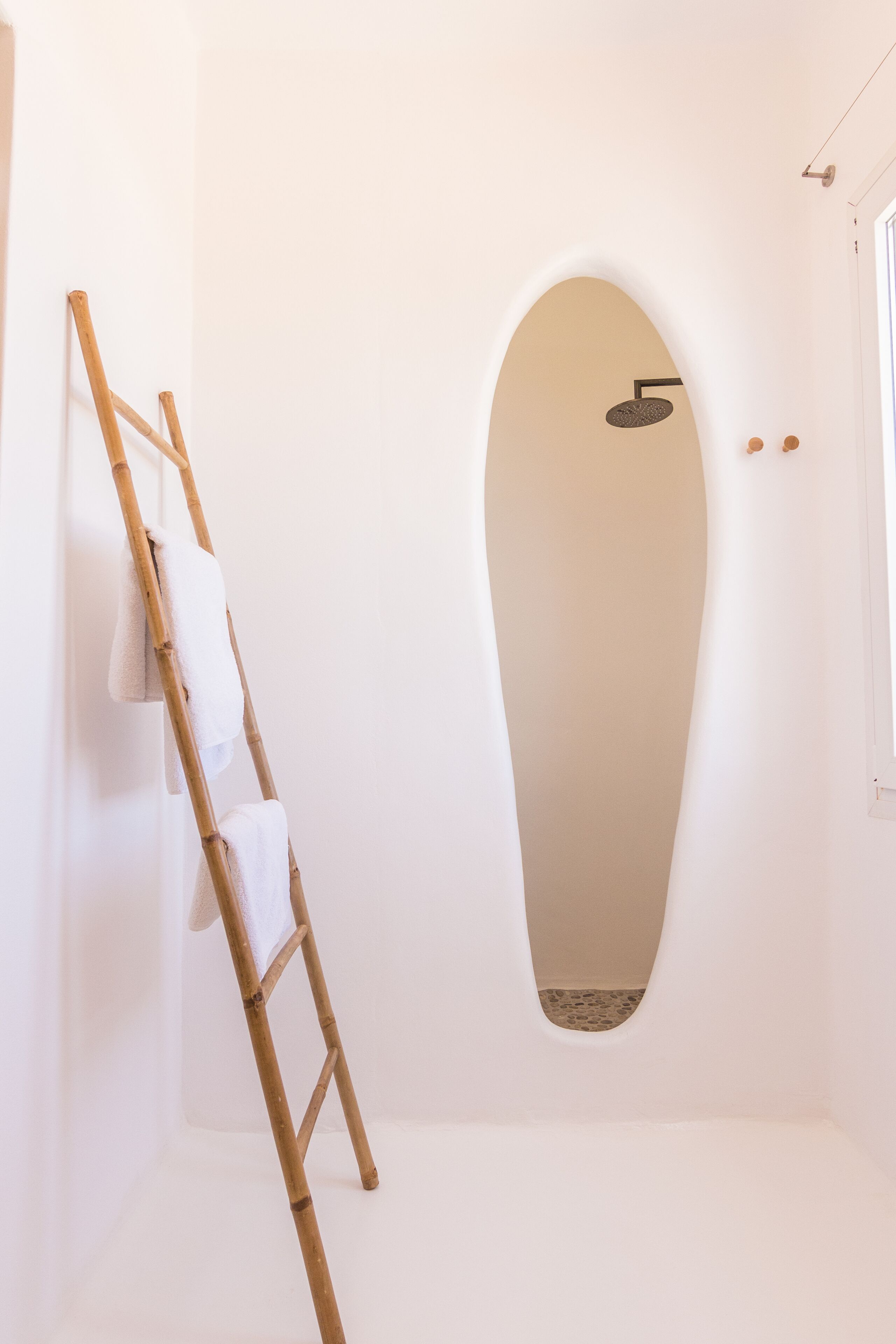 Une salle de bain minimaliste avec un intérieur blanc, une échelle en bois et un espace douche.