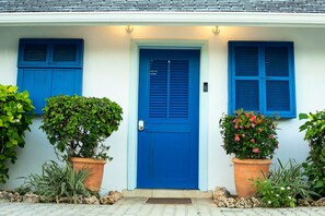 Une maison avec une porte bleue, deux fenêtres avec volets et des plantes en pot de chaque côté.