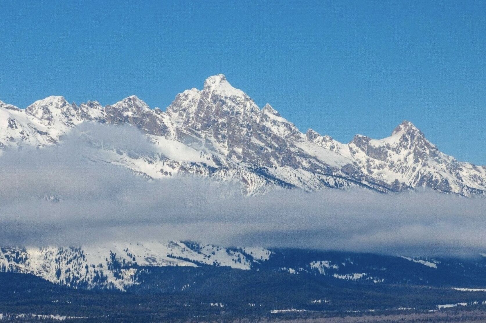 Une chaîne de montagnes aux sommets enneigés, surplombant une vallée boisée.