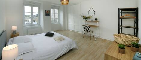 A modern bedroom with a large bed, bedside table, lamp, desk, chair, and a hanging basket with plants.