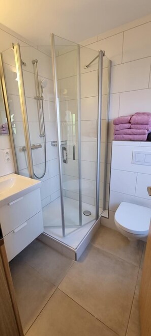 Secador de cabelo, toalhas de banho