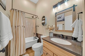 Hair dryer, towels, soap, toilet paper