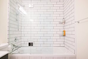 Hair dryer, towels, soap, toilet paper