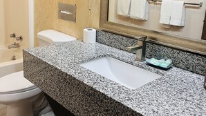 Un baño con lavamanos de granito, inodoro, ducha y un espejo grande.