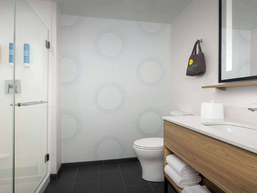 A modern bathroom with a glass shower enclosure, a toilet, and a vanity with a mirror.