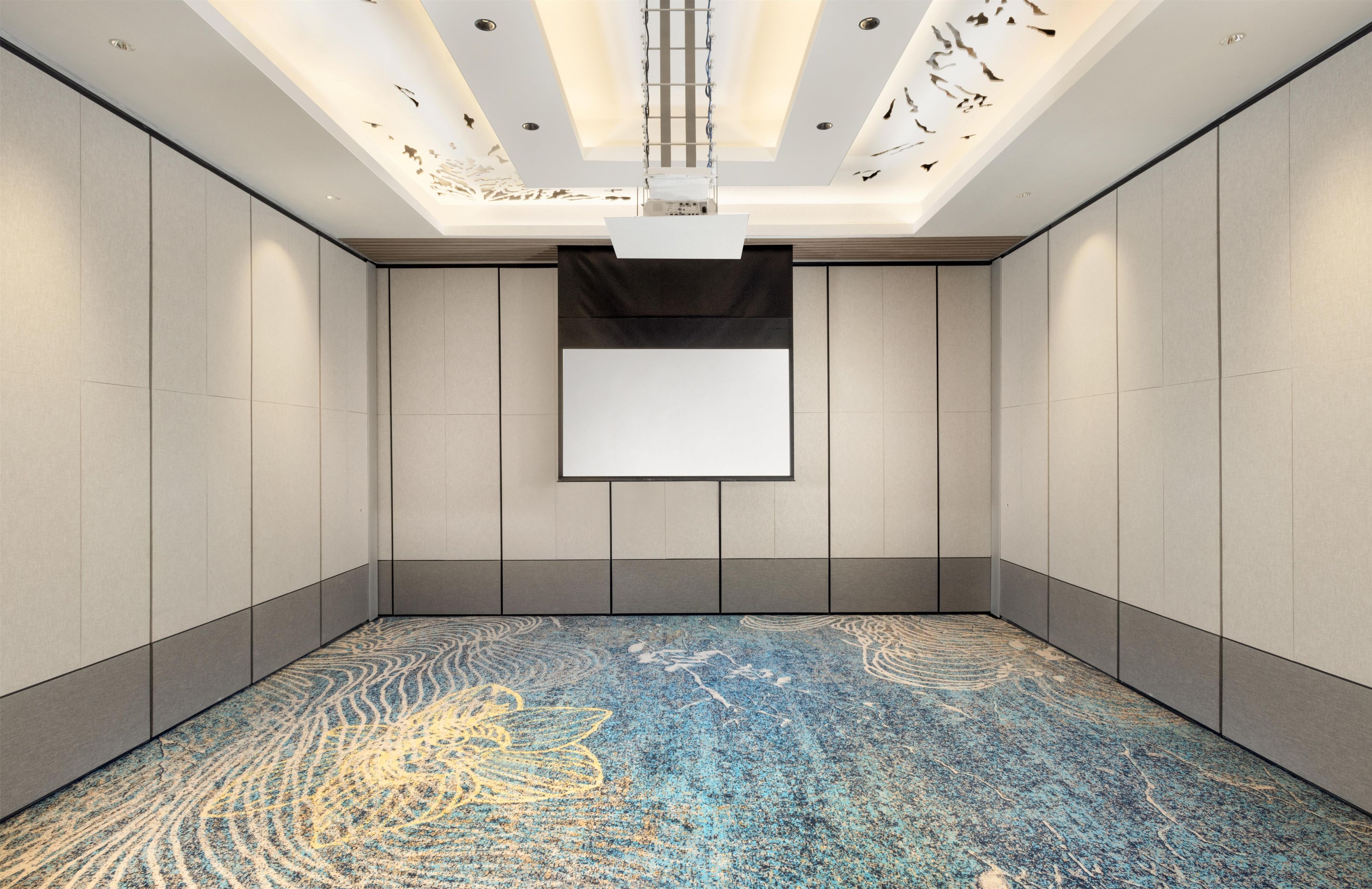 Un salón de conferencias con una pantalla blanca grande, paredes grises y una alfombra estampada.