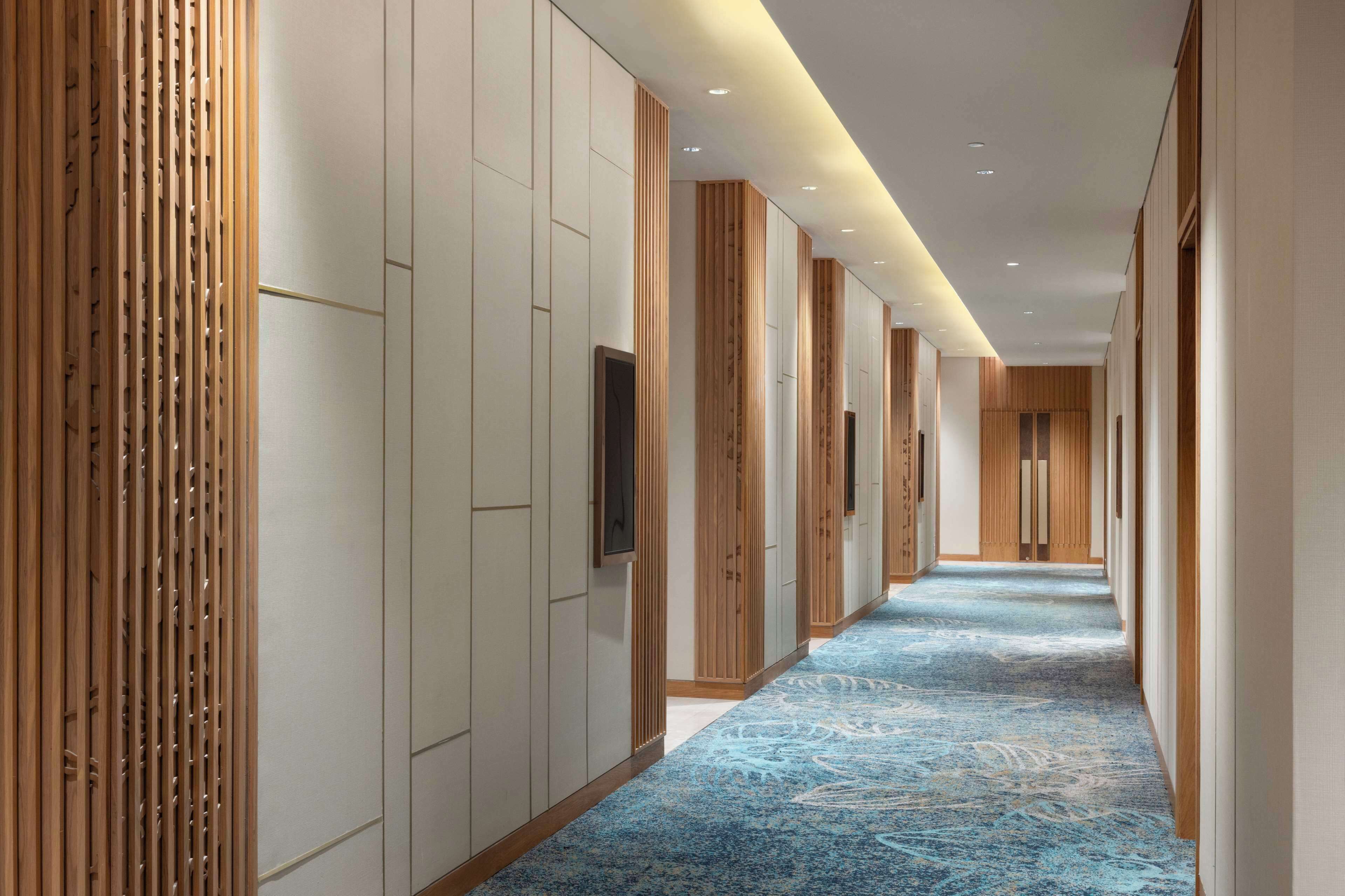 A long, narrow hallway with a blue patterned carpet, wooden paneling on the walls, and recessed lighting.