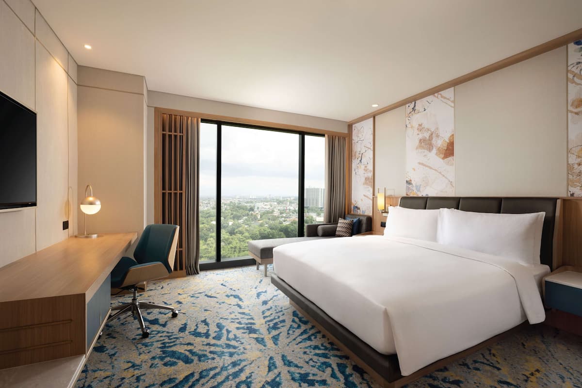 A hotel room with a large bed, a desk with a chair, a TV, and a view of the city.