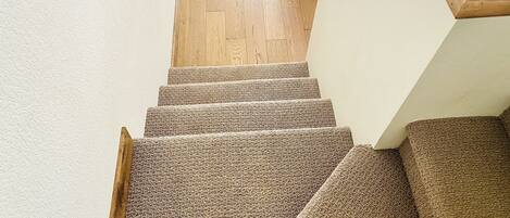A staircase with carpeted steps and wooden handrails.