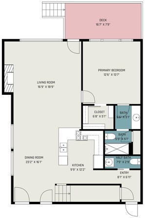 Ein Grundriss eines Hauses mit Wohnzimmer, Esszimmer, Küche, Hauptschlafzimmer und zwei Badezimmern.
