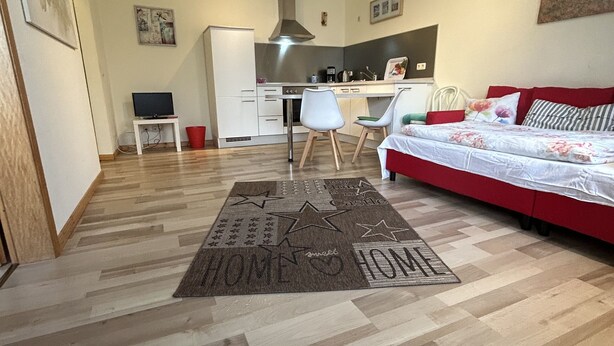 Un appartement moderne comprenant une cuisine, un coin repas et une chambre.