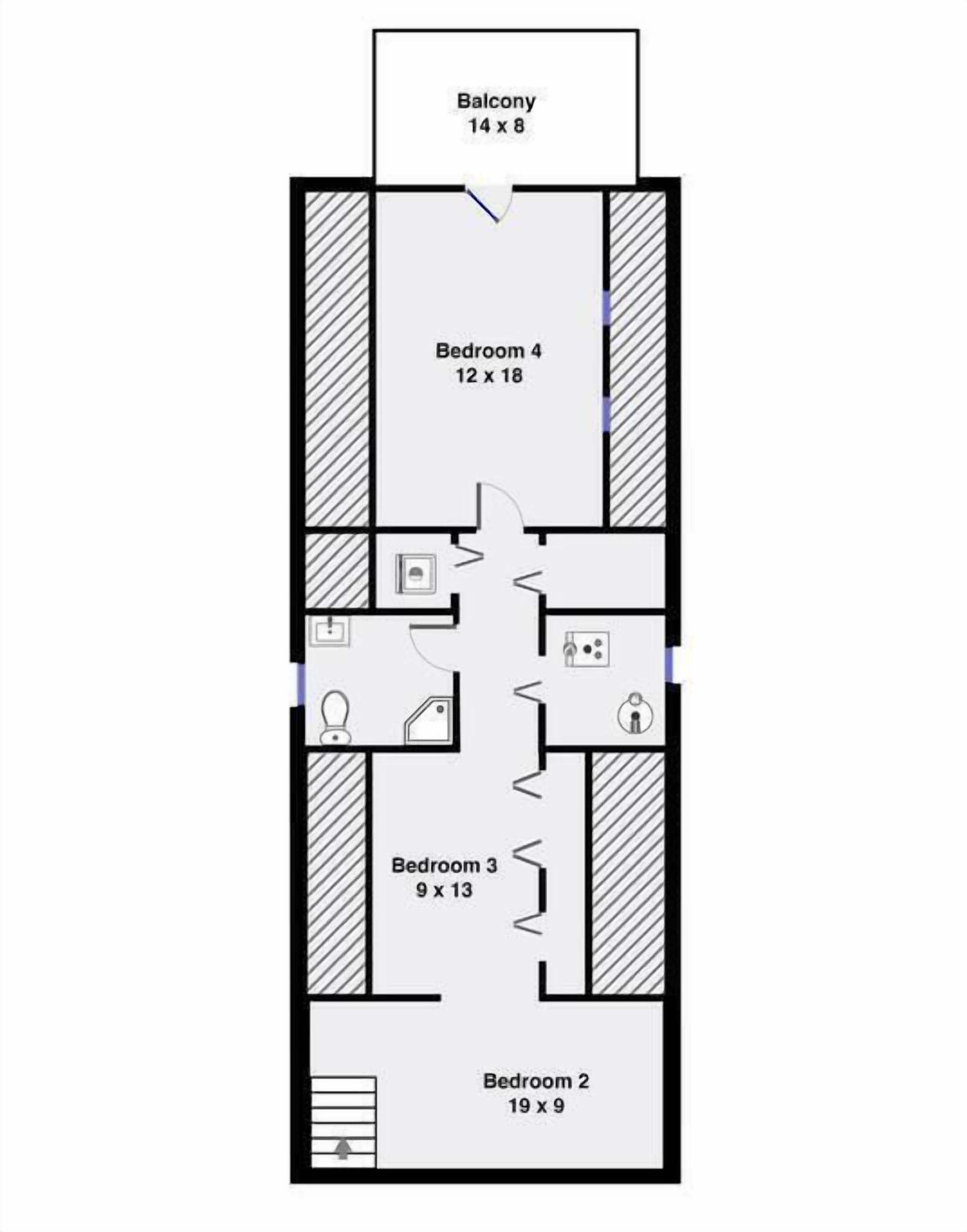 A floor plan with a balcony, four bedrooms, and a bathroom.