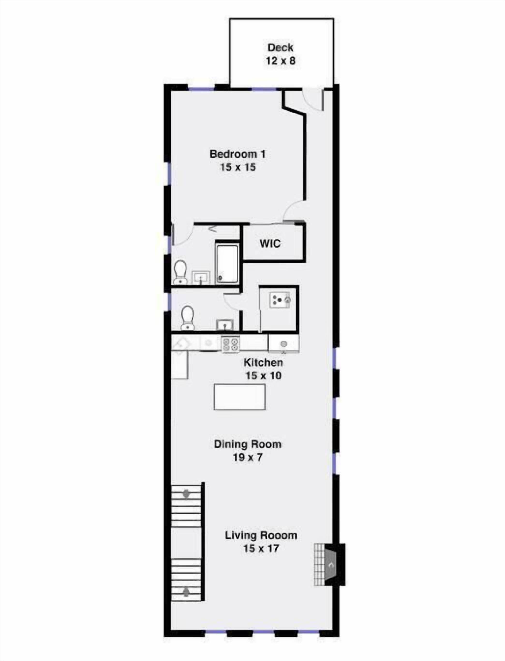 A floor plan with a deck, bedroom, WIC, kitchen, dining room, and living room.