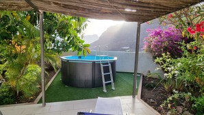 Un espacio exterior cubierto con jacuzzi, césped artificial y diversas plantas.