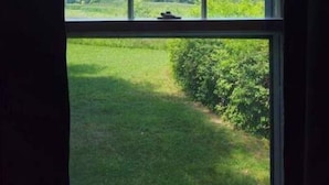 Ikkunasta avautuu näkymä vehreään maisemaan, jossa on kukkuloita ja puita.