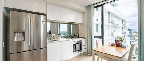 Fridge, stovetop, cookware/dishes/utensils