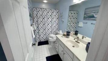 Hair dryer, towels, soap, shampoo