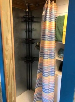 Shower area features a showerhead mounted on a stand and a towel rack.
