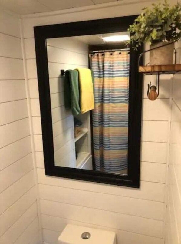 Bathroom with a striped shower curtain, toilet, and a small shelf with a plant.
