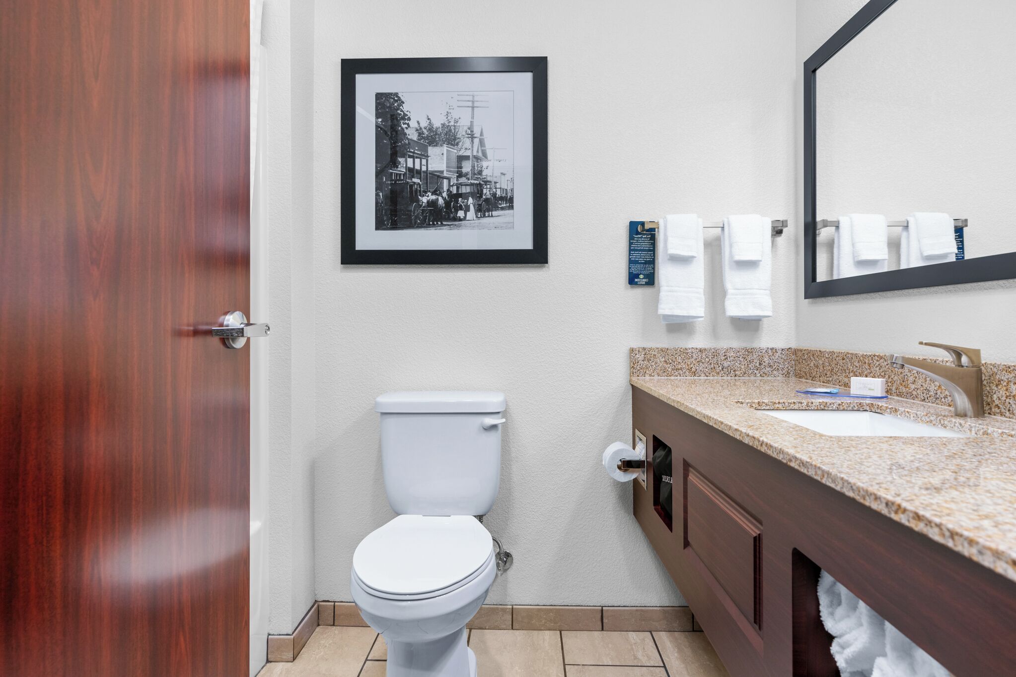 A modern bathroom with a toilet, sink, and mirror. There is a framed black and white photo on the wall.