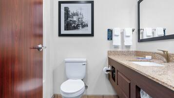 Une salle de bain moderne avec des toilettes, un lavabo et un miroir. Un cadre contenant une photographie en noir et blanc est accroché au mur.