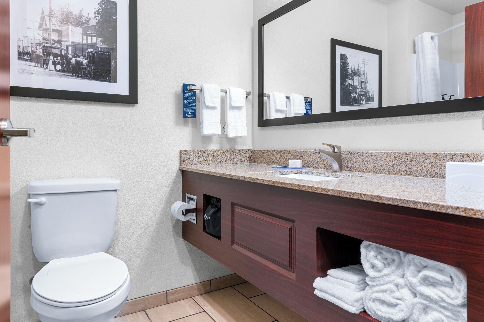 A bathroom with a white toilet, a sink with a granite countertop, and a mirror above the sink.