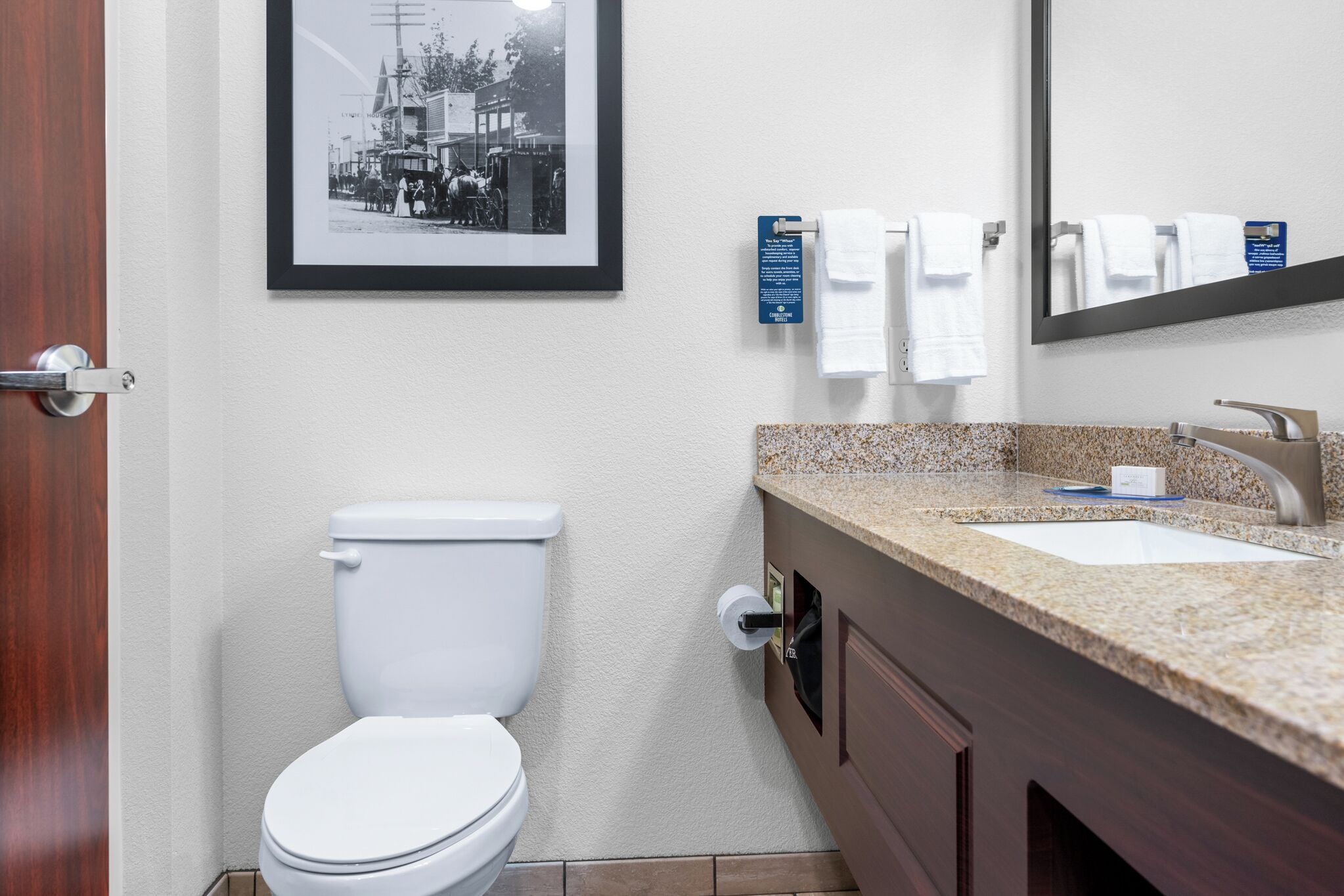 Un baño con inodoro, lavabo y una fotografía histórica enmarcada en la pared.