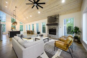 Smart TV, chimenea, libros