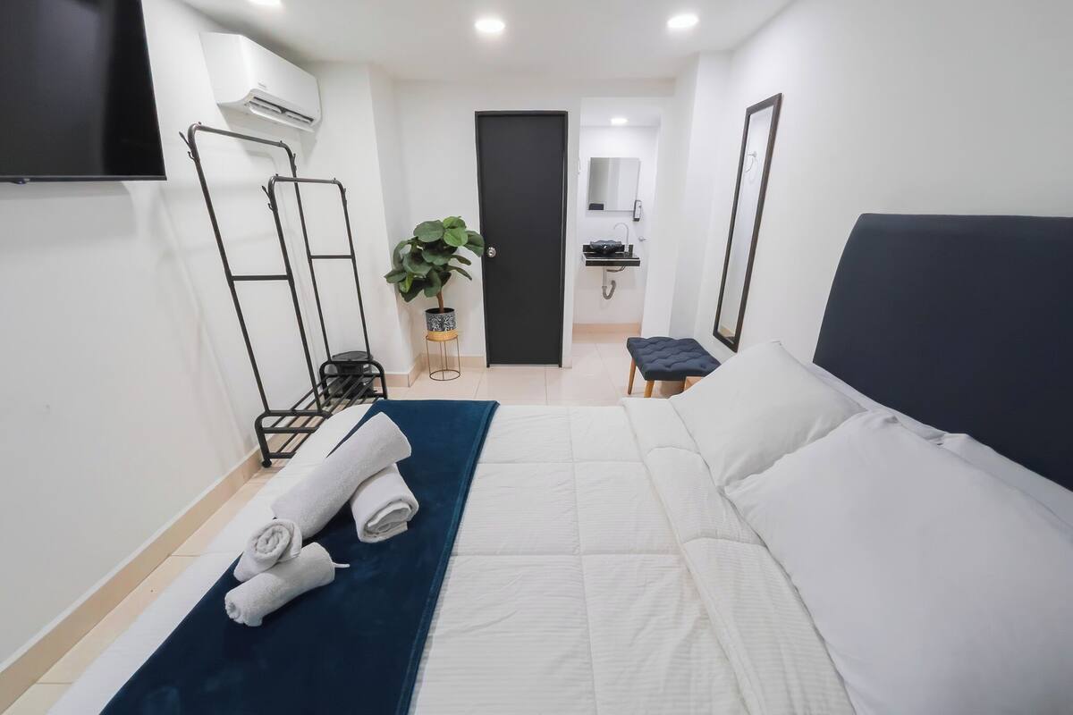 Ein Hotelzimmer mit Bett, kleinem Schreibtisch, Spiegel, Topfpflanze und Klimaanlage.
